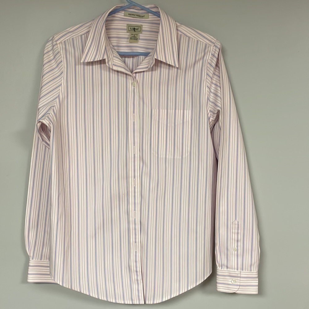LL Bean Wrinkle Resistant Women Pink White Long Sleeve Button Front  Shirt, S
